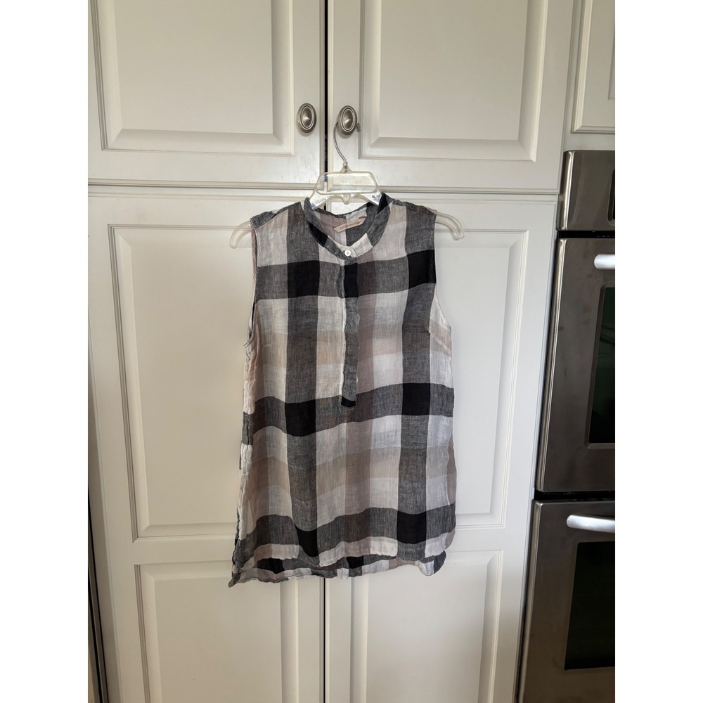 Soft Surroundings Womens Linen Plaid Sleeveless Tunic Top Neutral Black Tan Grey